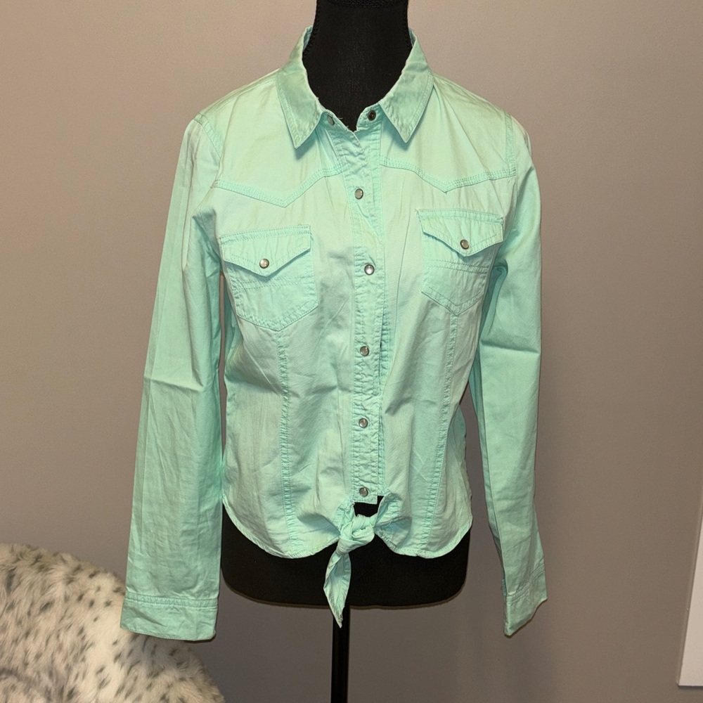 Charlotte Russe Mint Green Tie-Front Button-Up Shirt Jacket